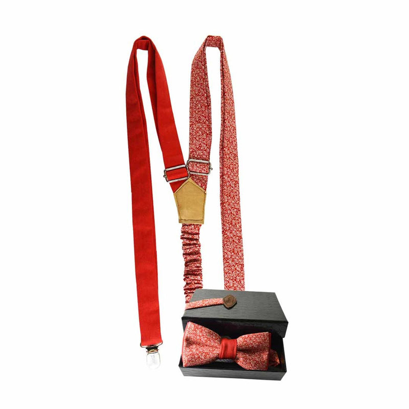 Bow Tie And Suspenders Set-Red Fine White Leaves Shweshwe