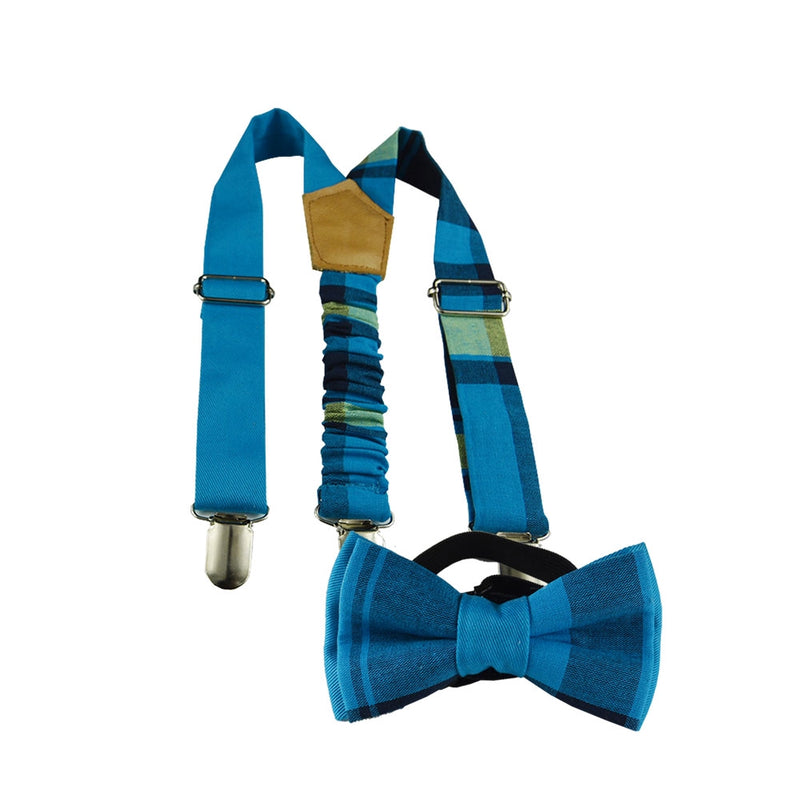 Boy Suspenders And Bow Tie - Blue Plaid Madras