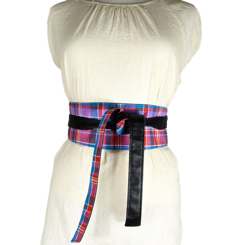 Reversible Obi Belt - Pink And Blue Madras & Faux Leather