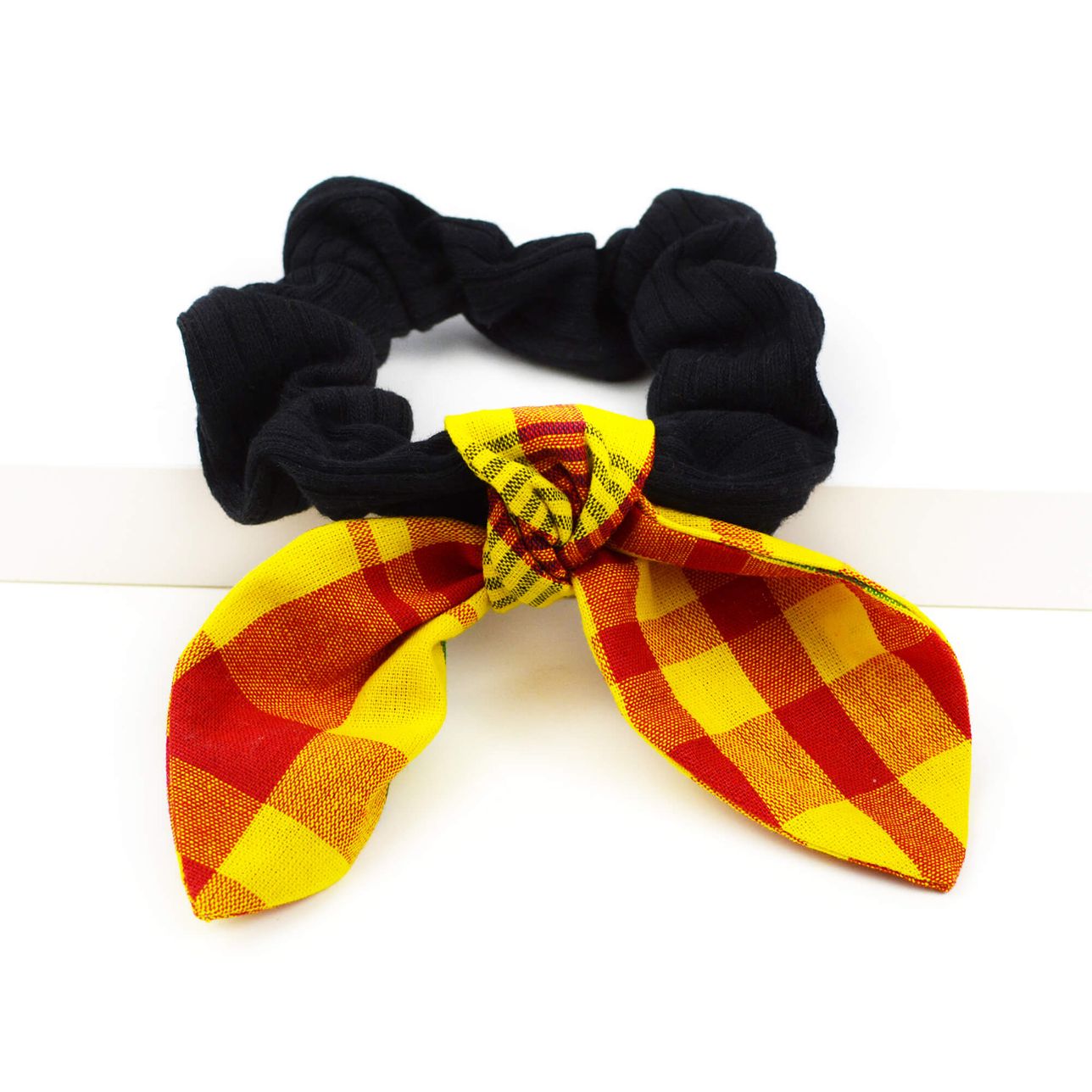 Chouchou À Boucle - Tricot Noir Et Madras Jaune Et Noir