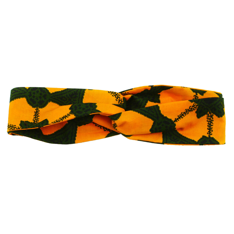 Twist Headband, Criss Cross Head wrap - Orange Green African Print