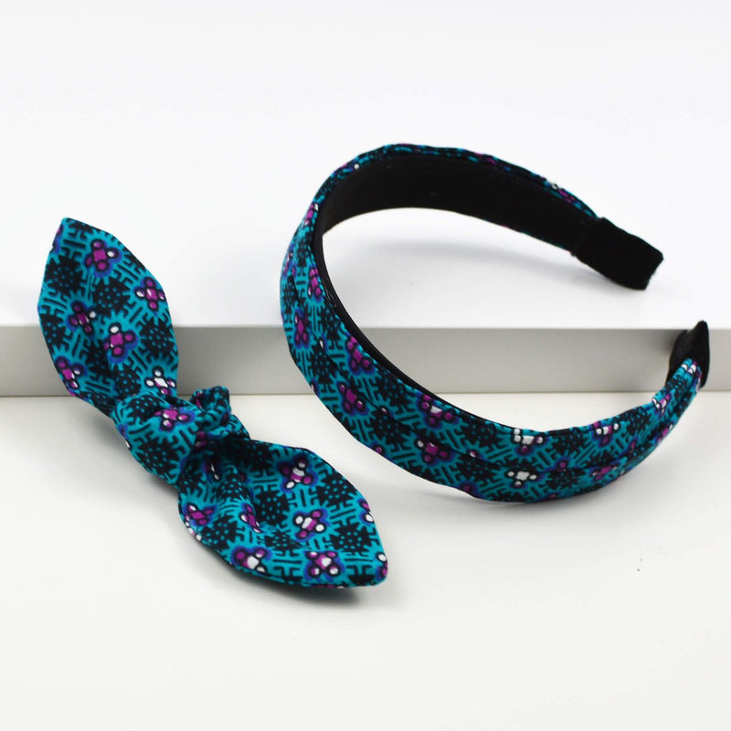 Bow Headband - Turquoise And Black African Print