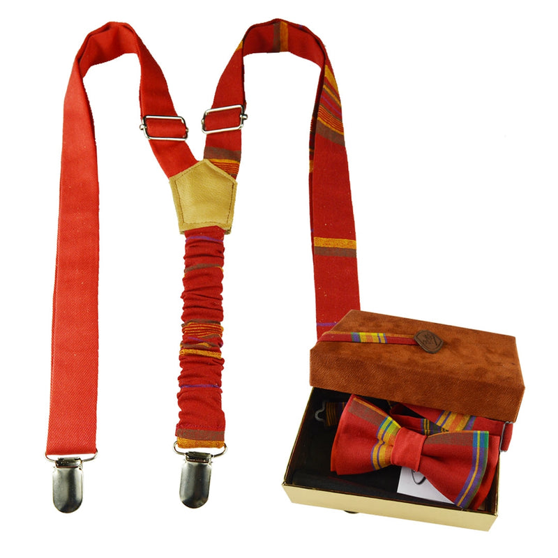 Bow Tie And Suspenders Set-Red Plaid Madras