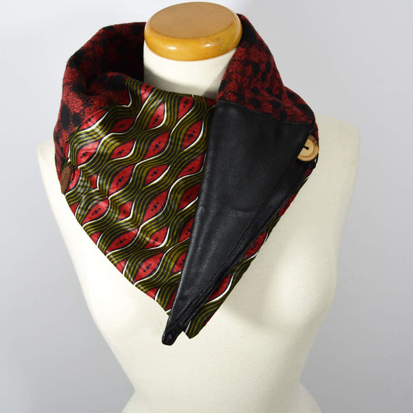 Red Wool Scarf - Faux Leather & African Print