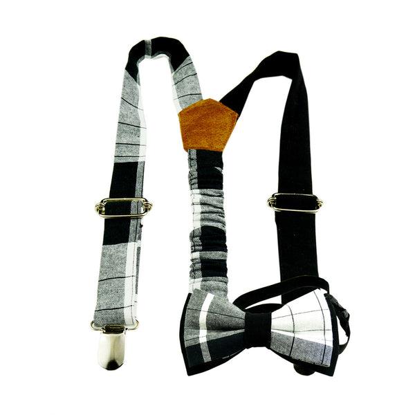 Boy Bow Tie And Suspenders - Black & White Plaid Madras