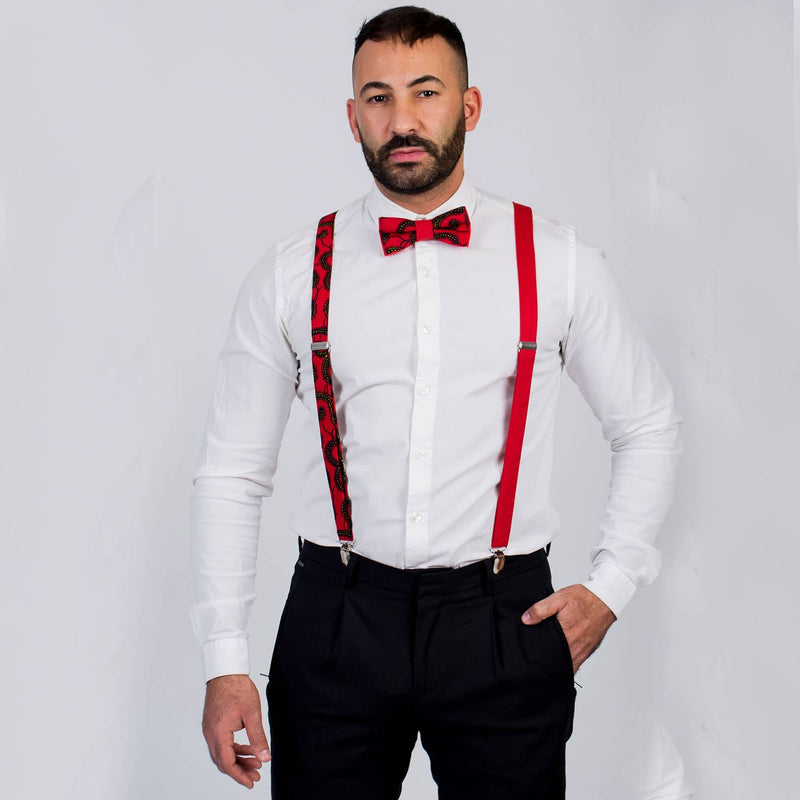Bow Tie And Suspenders Set - Red African Print