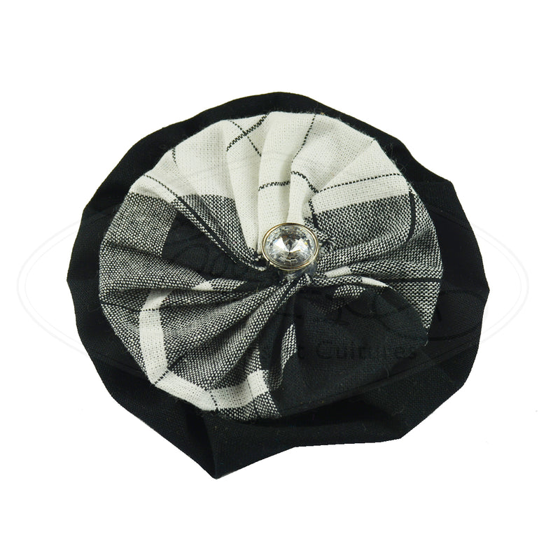 Baby Headband, Flower Lace Headband - Black and White Madras Fabric