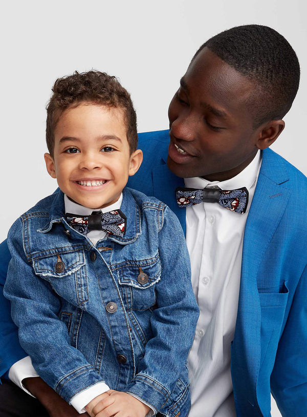 Daddy And Son Bow Ties- Black Recycled Leather And African Print