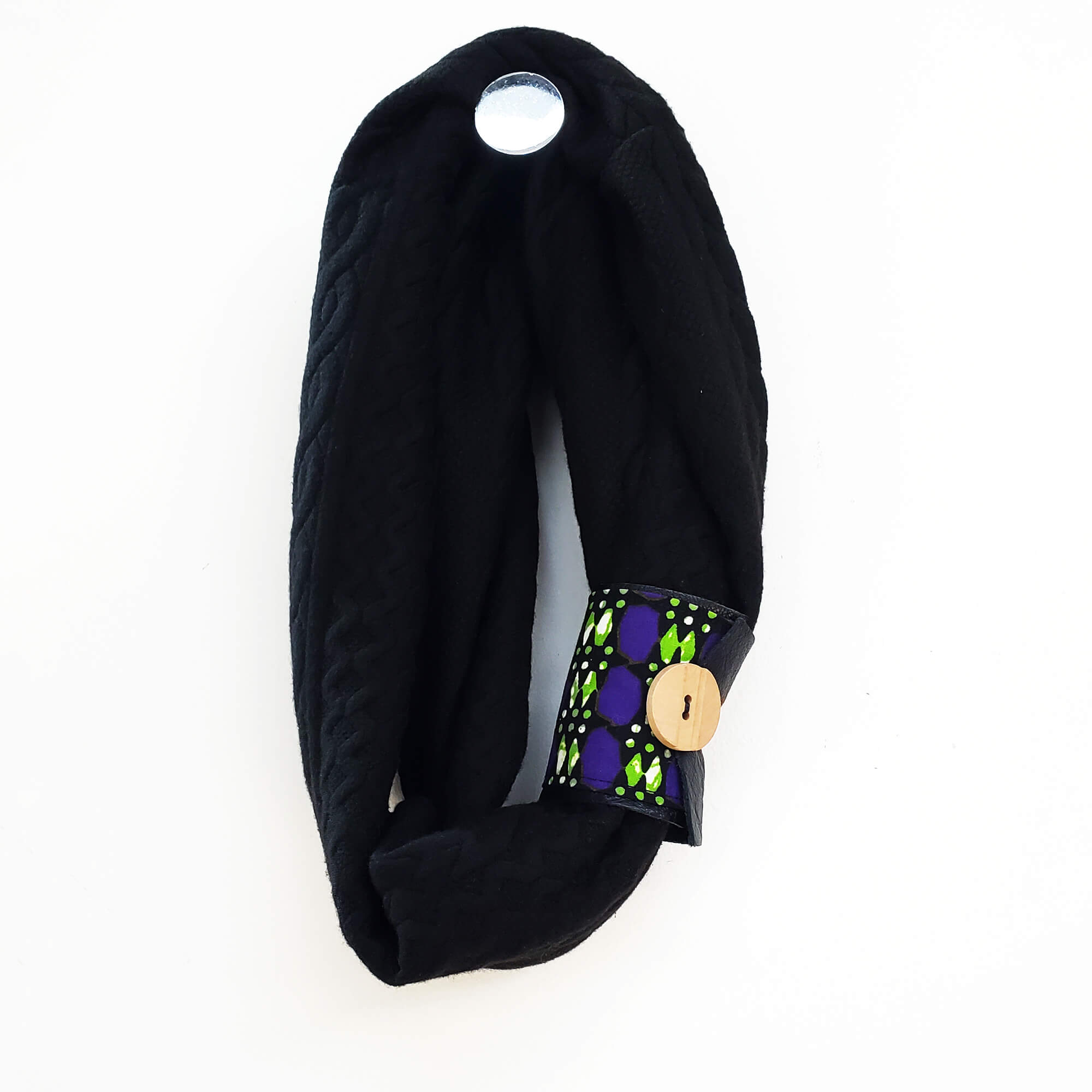 Infinity black knit scarf, African print, recycled leather, Child 