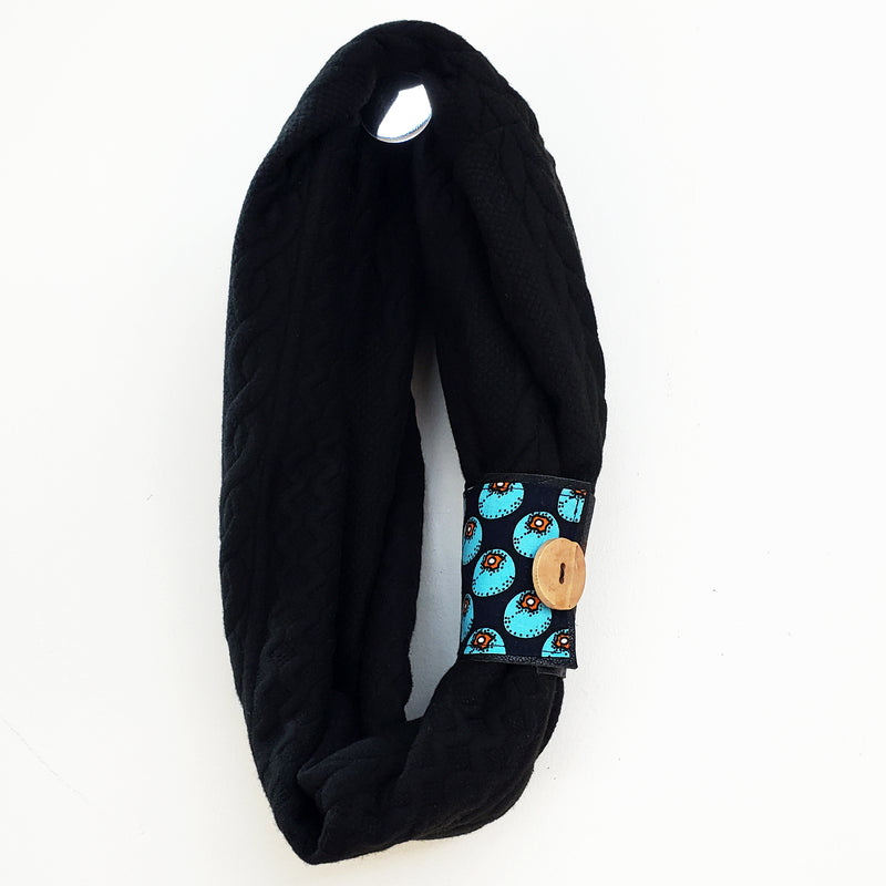 Infinity black knit scarf, African print, recycled leather, Child 