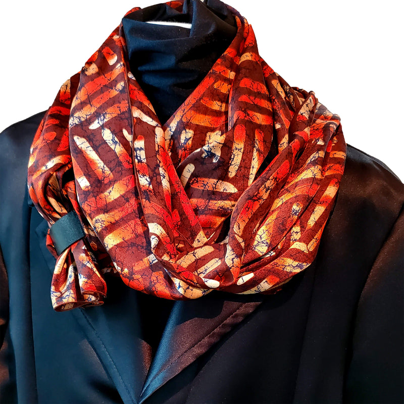 foulard long rectangulaire ocre et brun en satin de soie pour homme