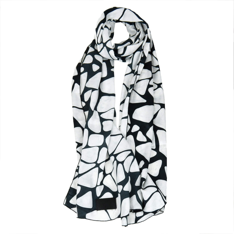 foulard long noir et blanc en satin de soie pour femme