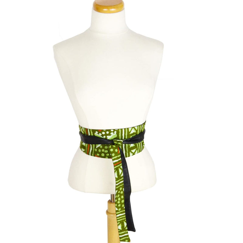 Waist-Defined Wide Wrap Belt, Obi Belt - Green Mud cloth