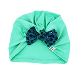 Knotted Baby Turban Hat - Green Knit And Turquoise African Print Bow
