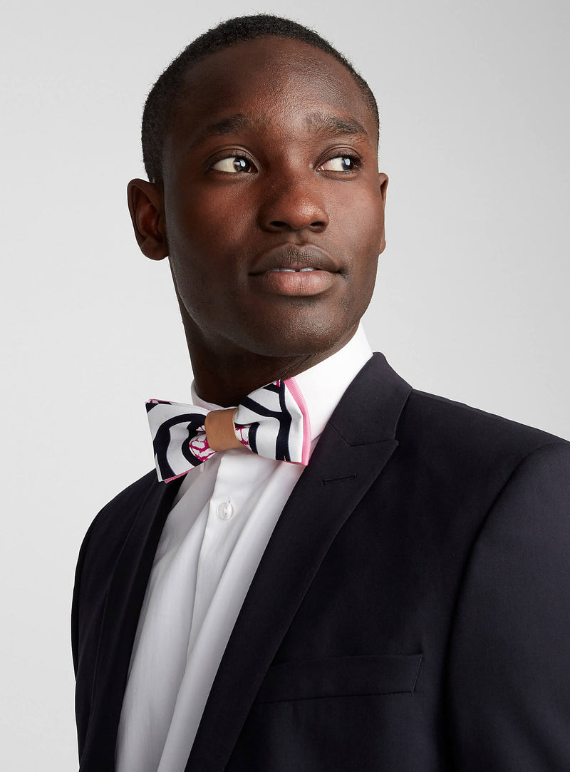 men white bow tie with graphic stripe with a touch recycled leather