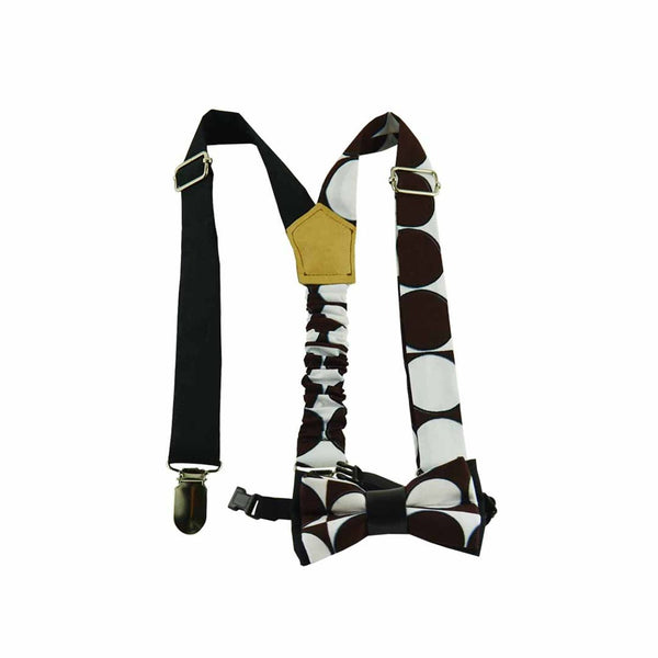 Boy Bow Tie And Suspenders - Brown & White Polka Dot African Print