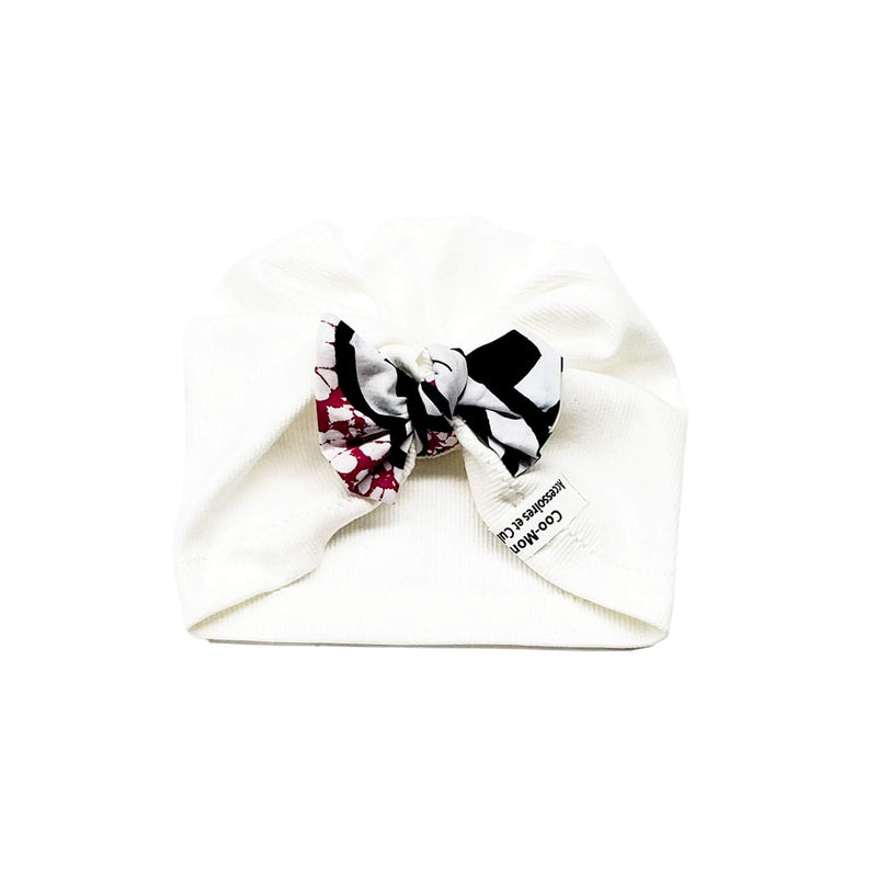 Knotted Baby Turban Hat - White Knit And African Print Bow