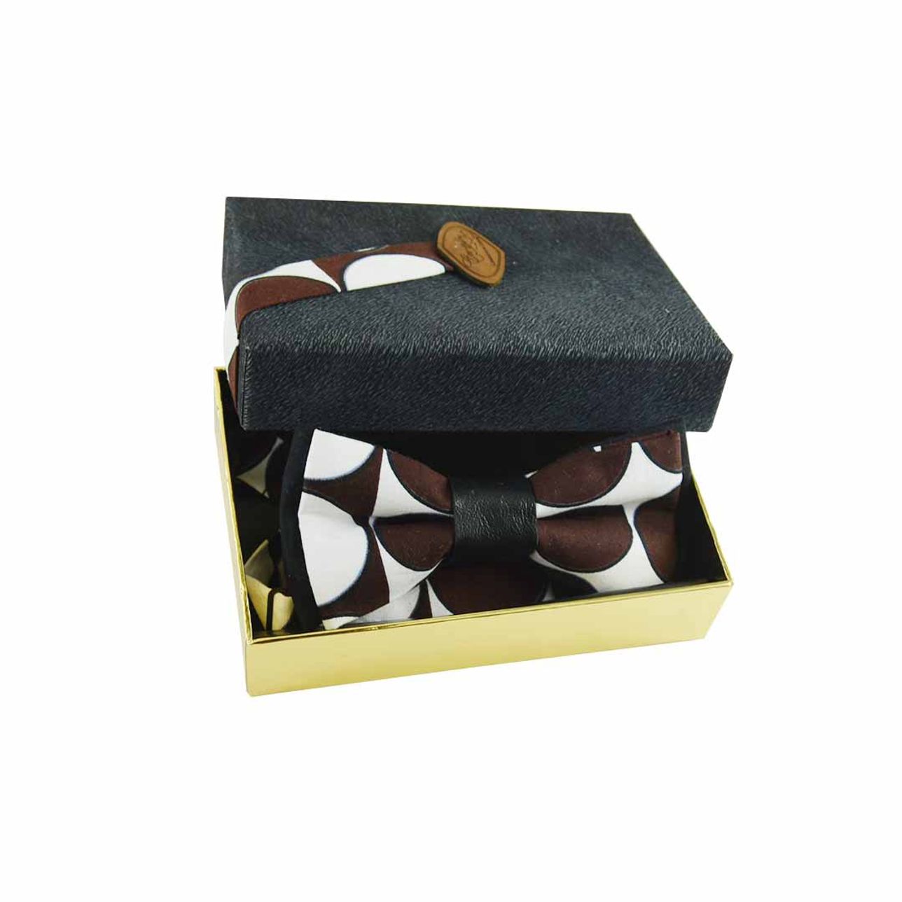 Noeud Papillon Cuir Recyclé - Pois Brun Et Blanc Pagne Wax
