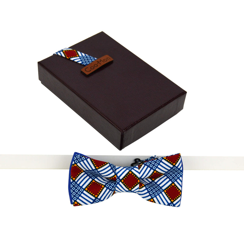 African print blue red white plaid bow tie 