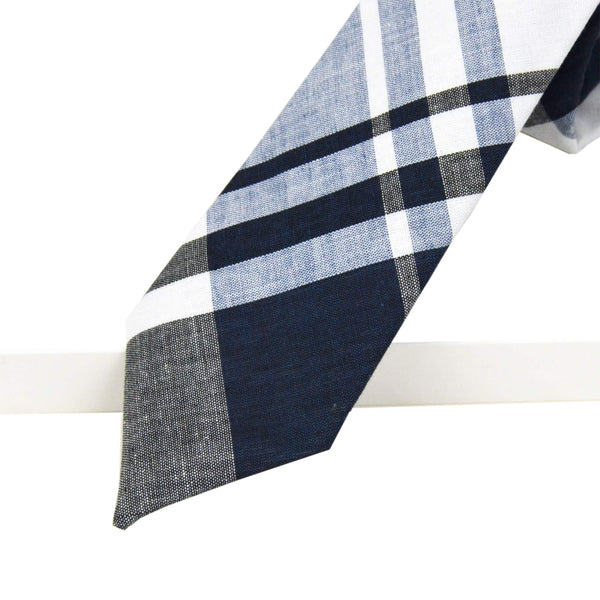 plaid madras navy blue white gray tie