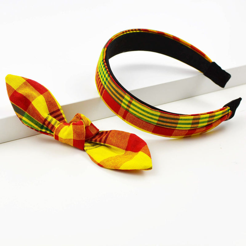 Bow Knot Headband - Yellow And Red Plaid Madras