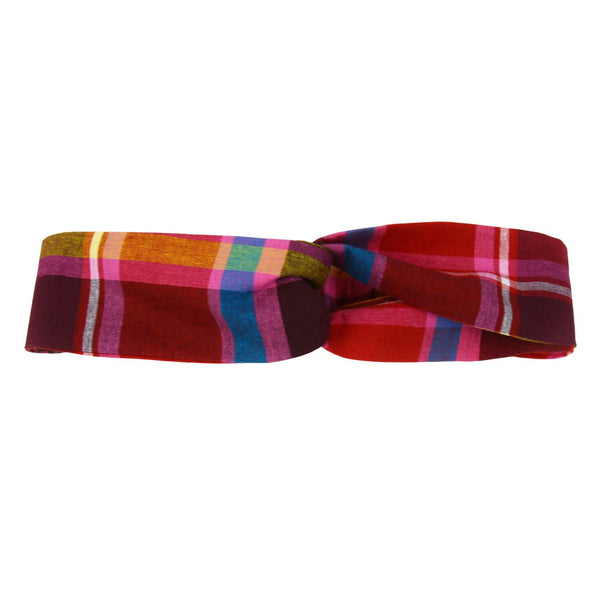 Top Knot Headband - Red Pink Blue Plaid Madras