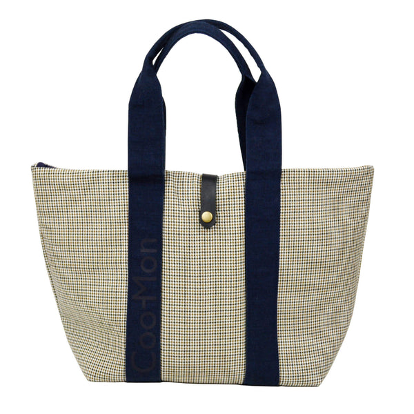 sac fourre-tout pied de poule beige, noir et brun avec des anses en canvas