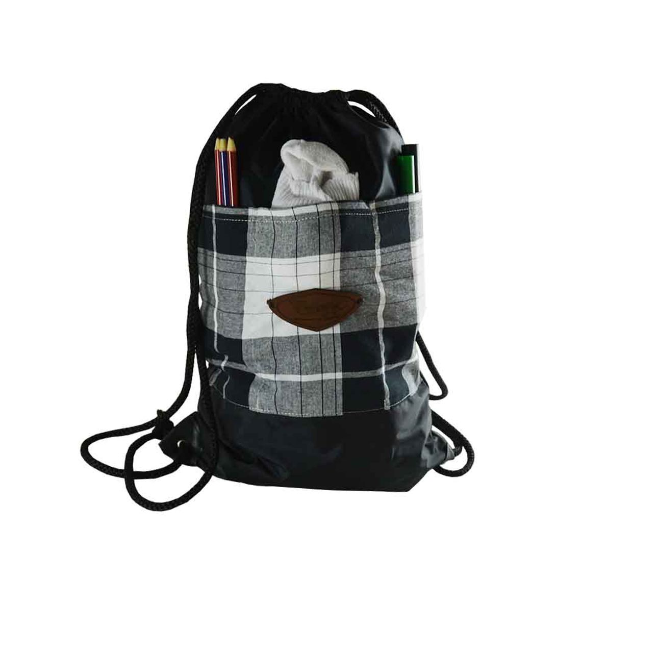 Sac À Cordon Avec Poches - Nylon Noir Et Madras