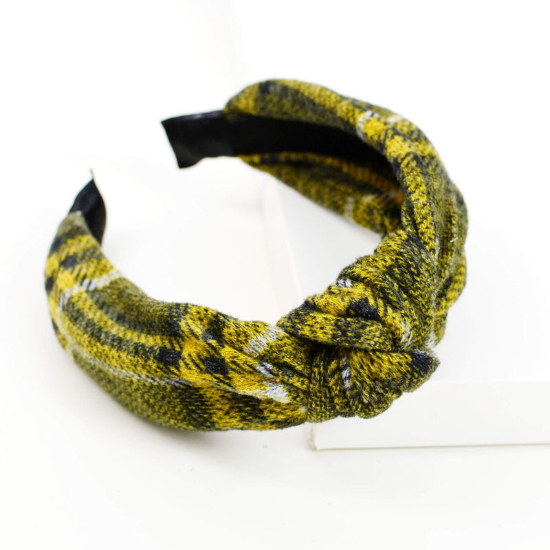 Knot Headband And Scrunchie - Yellow & Black Plaid Knit