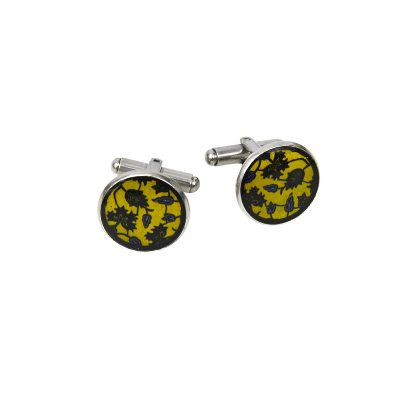silver yellow with black leaves design cufflinks