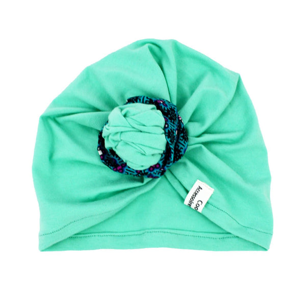 Green Baby Top Knot Beanie - Turquoise African Print