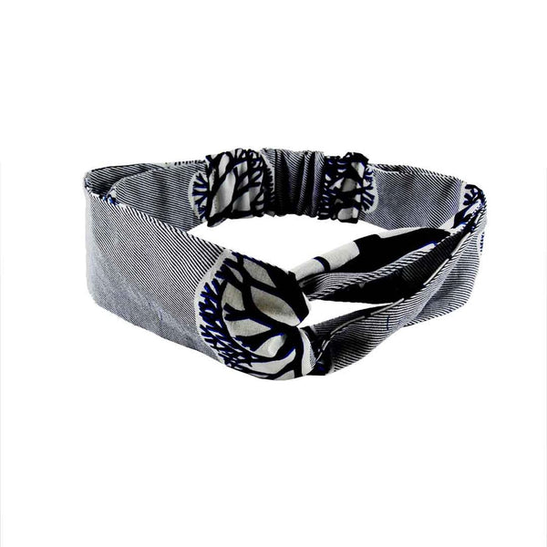 Top Knot Headwrap - white with navy blue stripes African Print