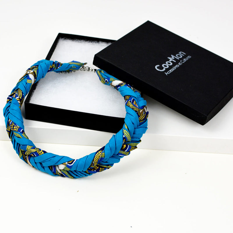 bleu african print braided choker necklace handmade in Quebec, Canada