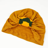 Women Turban Hat - Mustard Yellow Knit And African Print Knot