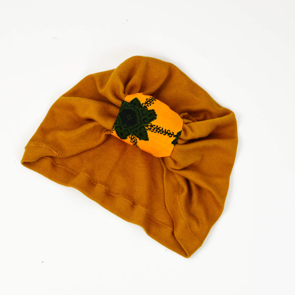 Baby Turban Hat - Mustard Yellow Knit And African Print Knot