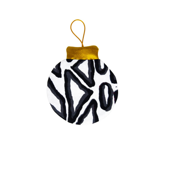 zero waste black white and red christmas ornament made of mudcloth