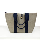 houndstooth tote bag with recycled leather closure